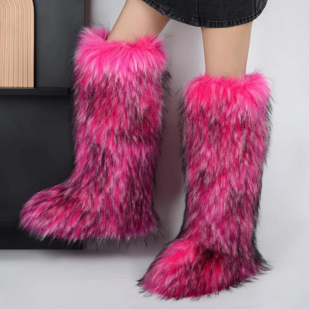 ⚡Women Rose Red Faux Fur Fluffy Cosy Round Toe Knee High Warm Outdoor Fur Boot